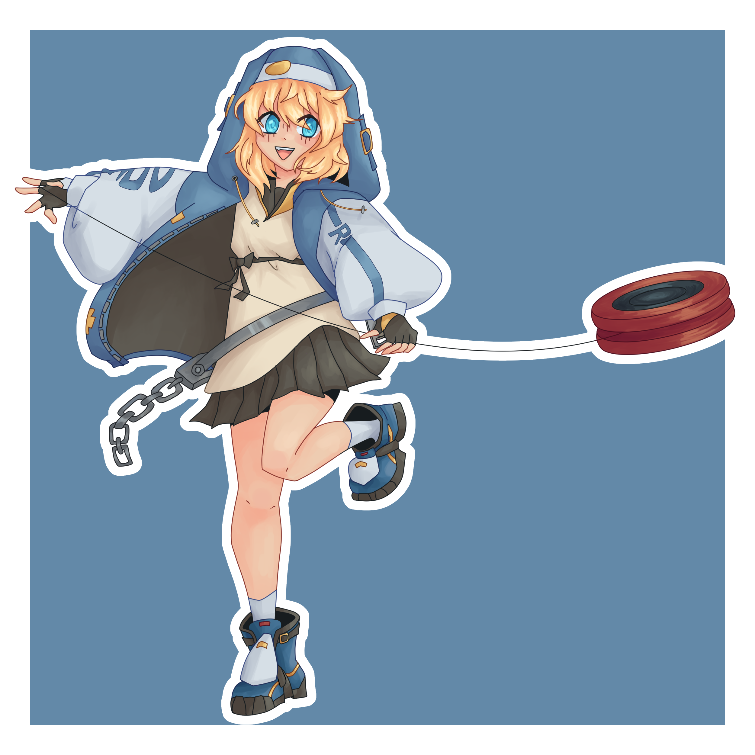 a drawing of bridget from guilty gear strive. she is standing with one leg in the air while throwing her yoyo to her side (doing her follow up slash attack).