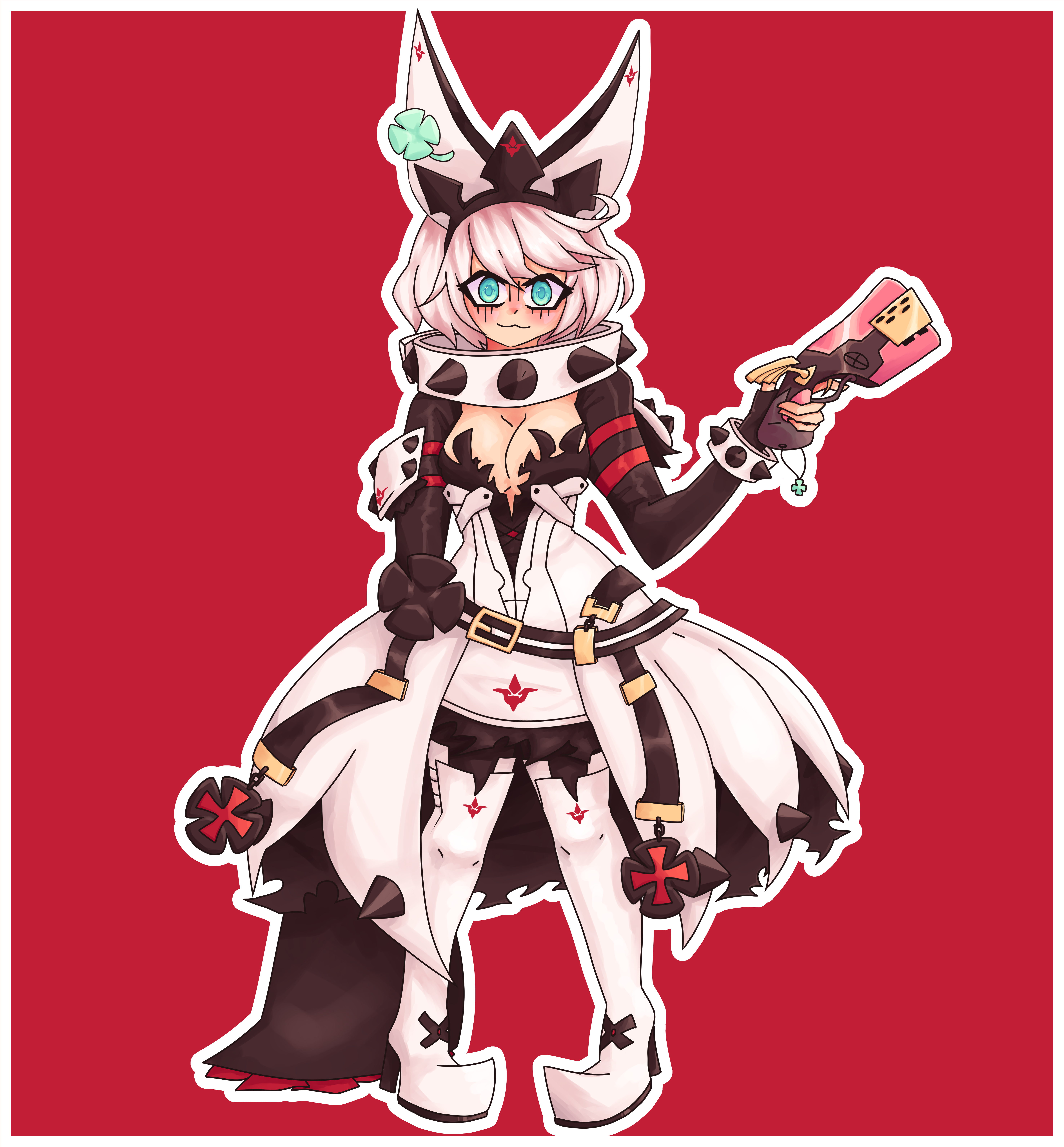 a drawing of elphelt valentine from guilty gear xrd. she is facing forward while holding her gun up in one hand and her bouquet of flowers behind her in the other hand.